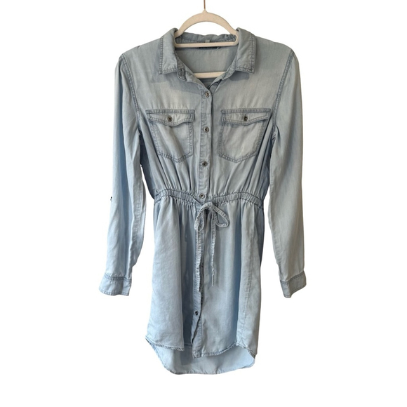 Love Tree Light Blue Long Sleeve Chambray Denim Dress Size S Light Wash Casual - Picture 1 of 12